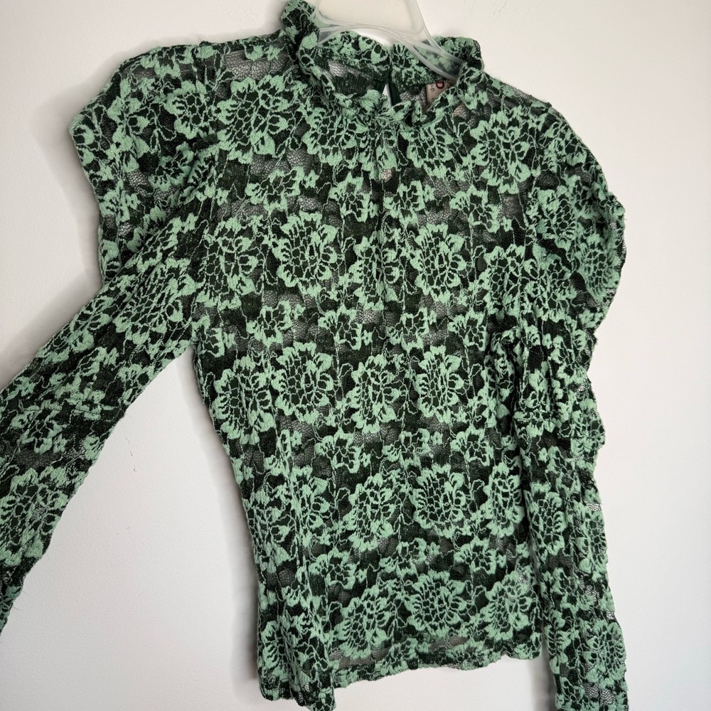 Anthropologie Mint Green Floral Lace Long-Sleeve Mock Neck Top - Picture 8 of 10